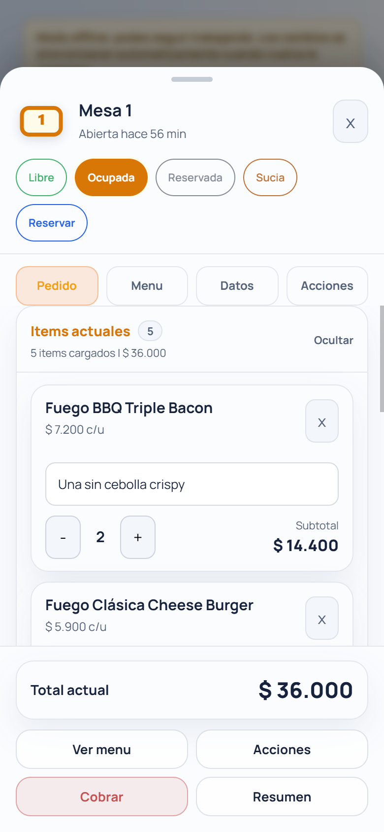 Vista móvil de una mesa y su comanda desde el usuario mozo